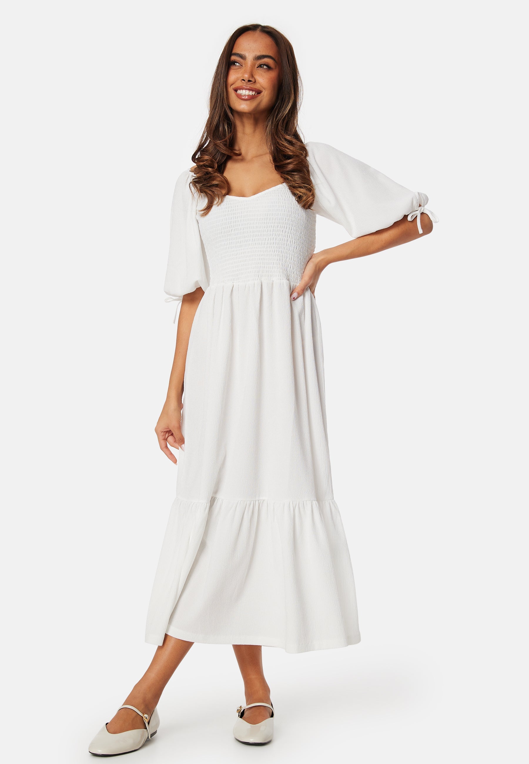 white short sleeve smock dress Shine Like A Pearl White Smocked Dress by Classic Whimsy - Girls Dresses