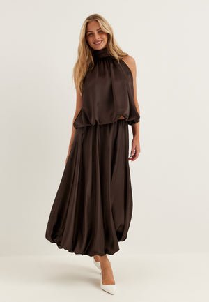 Bubble-Hem Satin Ankle Skirt