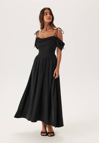 Draped Off Shoulder Corset Midi Dress