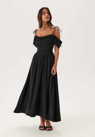 Draped Off Shoulder Corset Midi Dress
