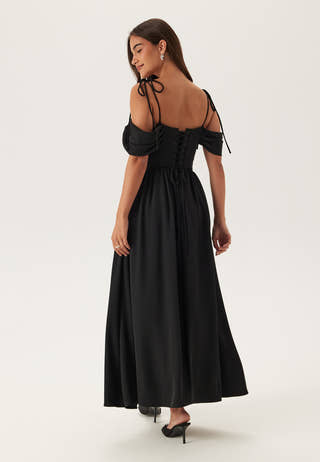 Draped Off Shoulder Corset Midi Dress