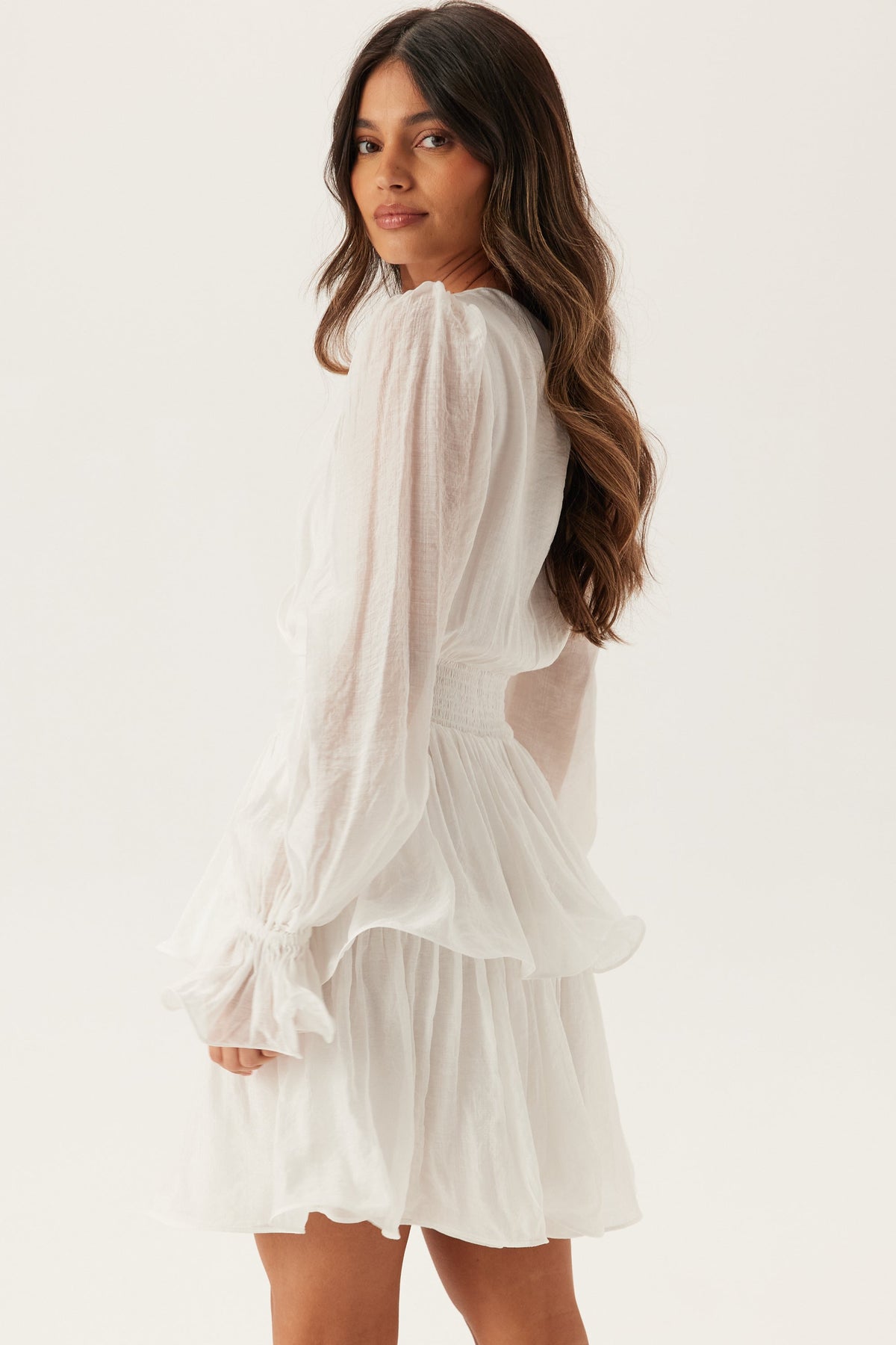 Balloon Sleeve Short Flounce Dress Cream Brown