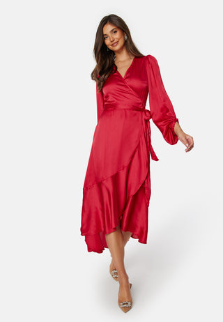 Wrap Frill L/S Satin Dress