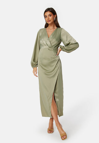 L/S wrap satin midi dress