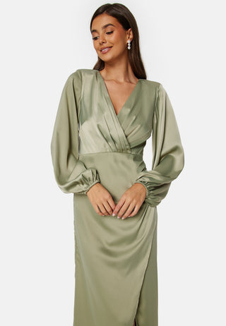 L/S wrap satin midi dress