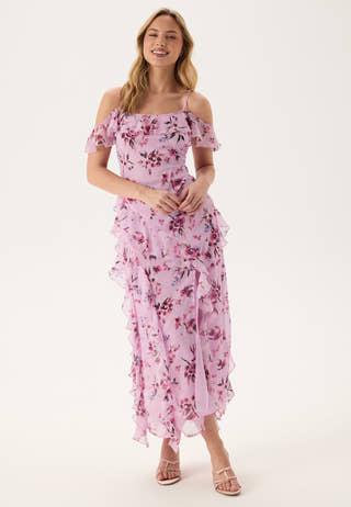 Peaky Shoulder Flounce Maxi Dress