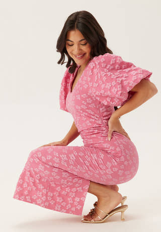 Puff Sleeve Jacquard Midi Dress