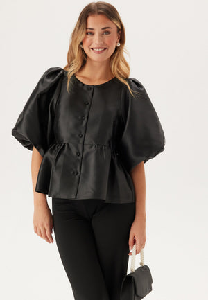 Puff Sleeve Peplum Satin Blouse