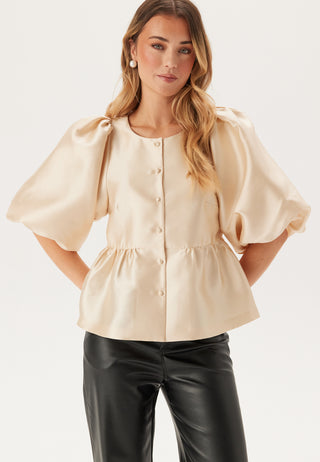 Puff Sleeve Peplum Satin Blouse