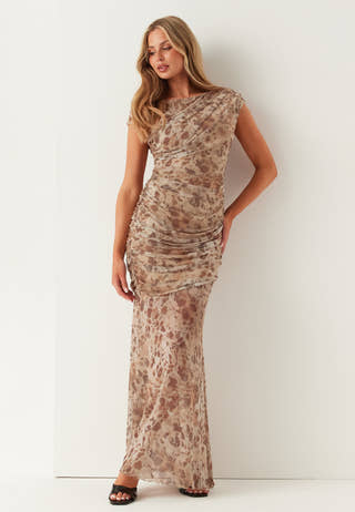 Ruched Asymmetric Mesh Ankle Dress