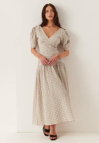 Ruched Puff Sleeve Ankle Dress