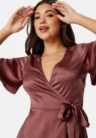 Butterfly Sleeve Wrap Satin Midi Dress