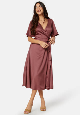 Butterfly Sleeve Wrap Satin Midi Dress