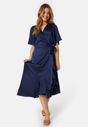 Frill Wrap Satin Midi Dress