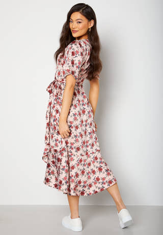 Frill Wrap Satin Midi Dress