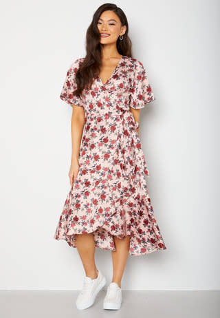 Frill Wrap Satin Midi Dress