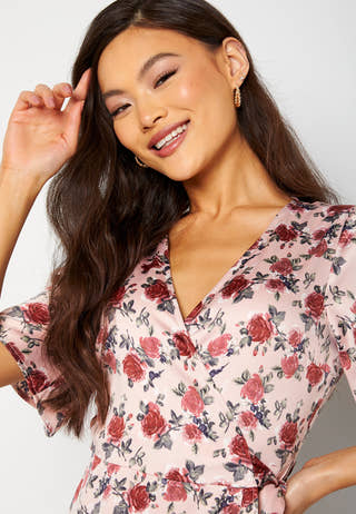 Frill Wrap Satin Midi Dress