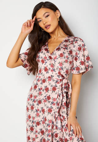 Frill Wrap Satin Midi Dress