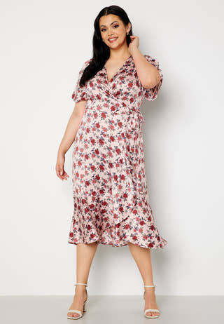 Frill Wrap Satin Midi Dress