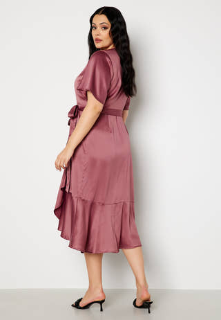 Frill Wrap Satin Midi Dress
