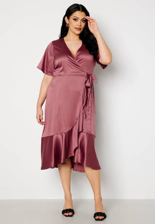 Frill Wrap Satin Midi Dress