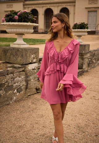 Trumpet Sleeve Frill Short Dress