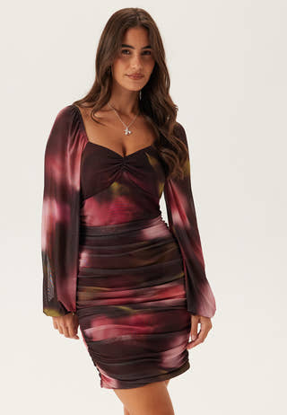 Ruched Mesh Mini Dress