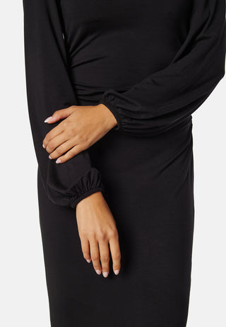 Square V-neck Puff Sleeve Midi Dress