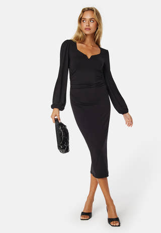 Square V-neck puff sleeve midi dress