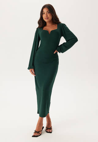 Square V-neck puff sleeve midi dress