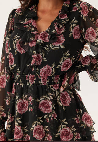 V-neck Frill L/S Chiffon Dress