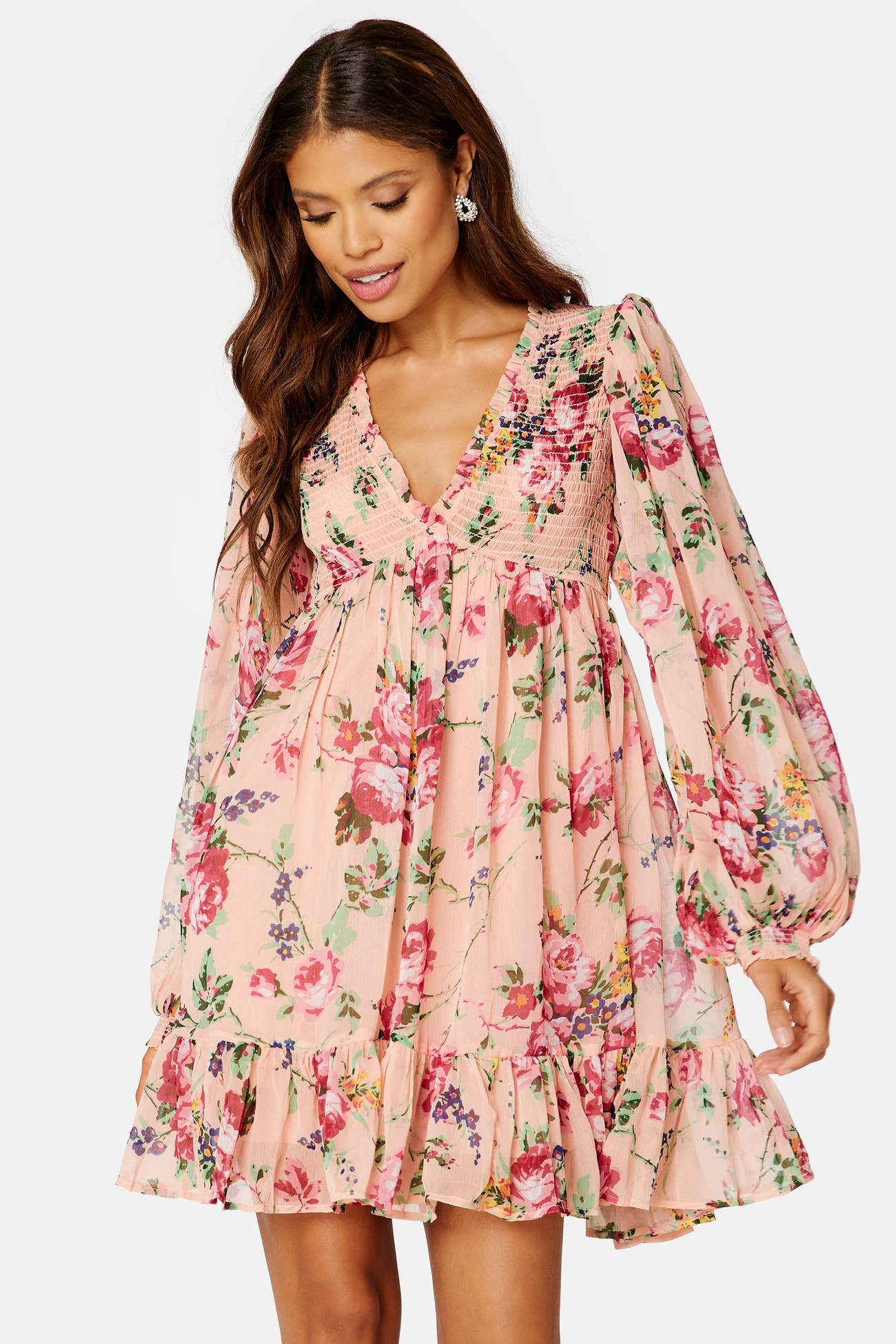 Bytimo – Chiffon V-Neck Dress – Dresses – Floral / Pink
