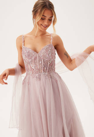 Glittering tulle evening dress with lacing