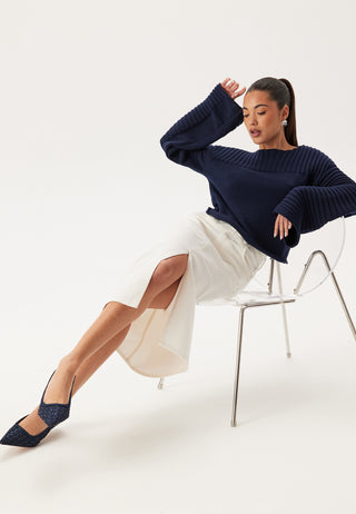 Midi White Denim Skirt