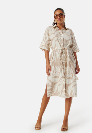 Palm Print Linen Shirt Dress