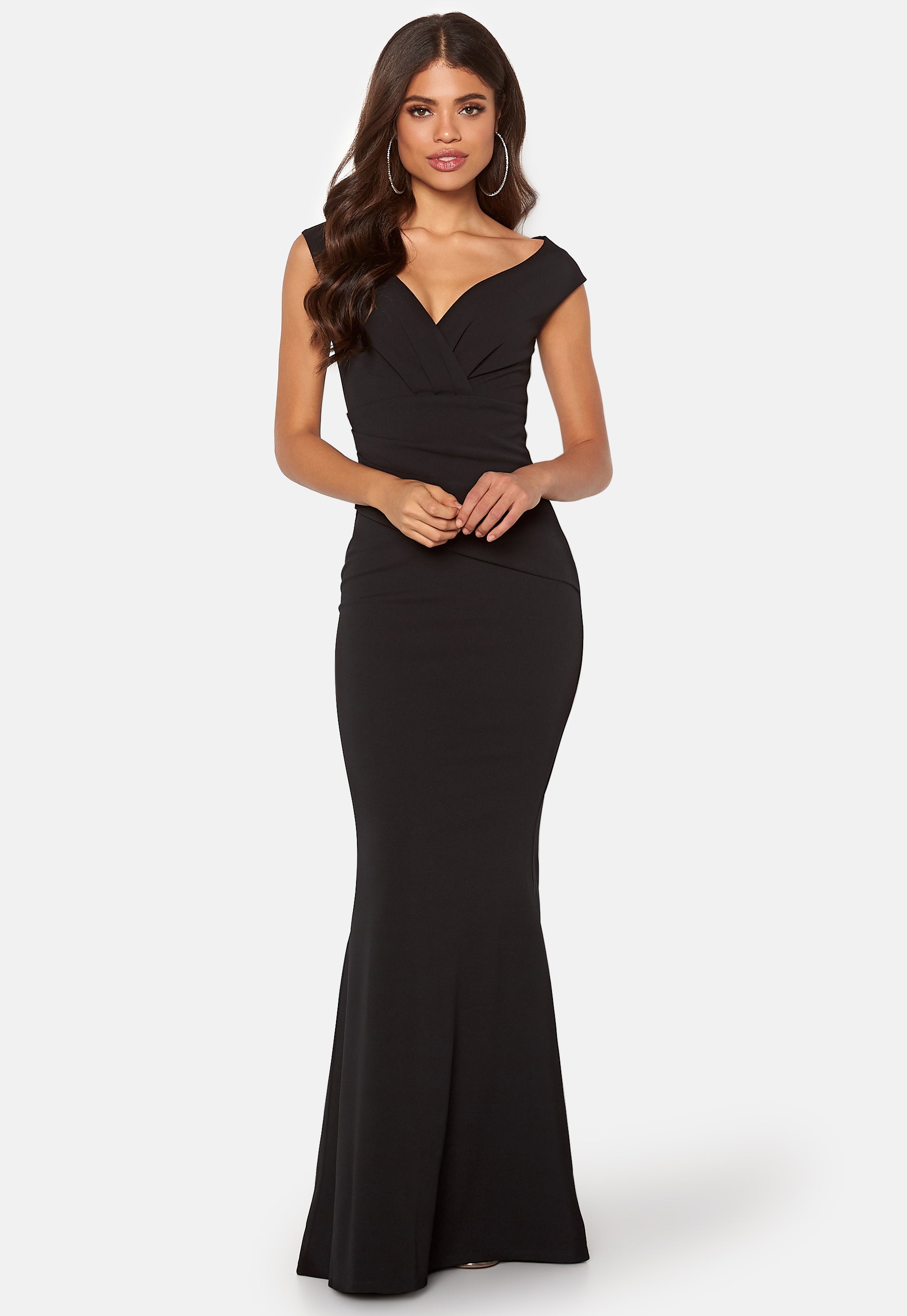 Goddiva – Bardot Pleat Maxi Dress – Ball gowns – Black