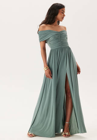 Goddiva Bardot Rouched Maxi Split Dress Bridesmaid dresses Green Goddiva Bardot Rouched Maxi Split Dress Bridesmaid dresses Green