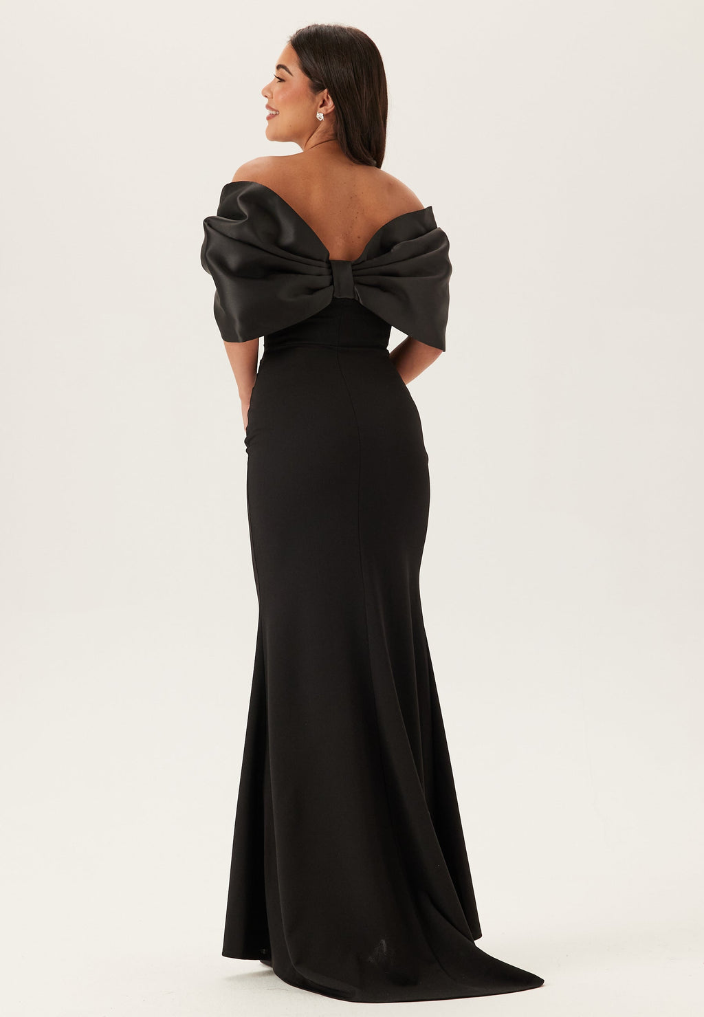 maxi dress with big bow on back Goddiva – Bardot Satin Bow Back Maxi Dress – Black ball gowns – Black