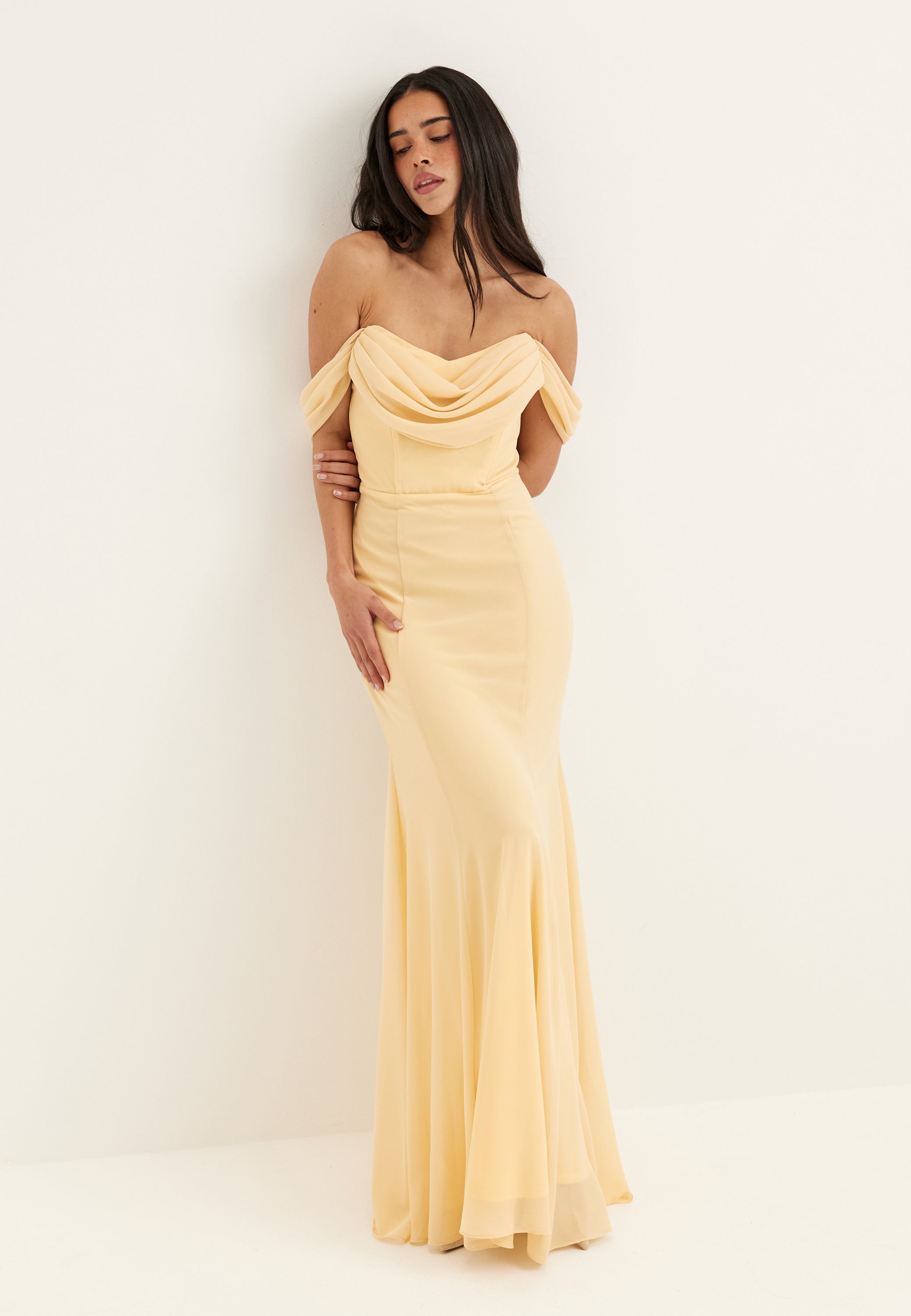 off shoulder maxi dress yellow Goddiva – Chiffon Off Shoulder Maxi Dress – Bridesmaid dresses – Yellow