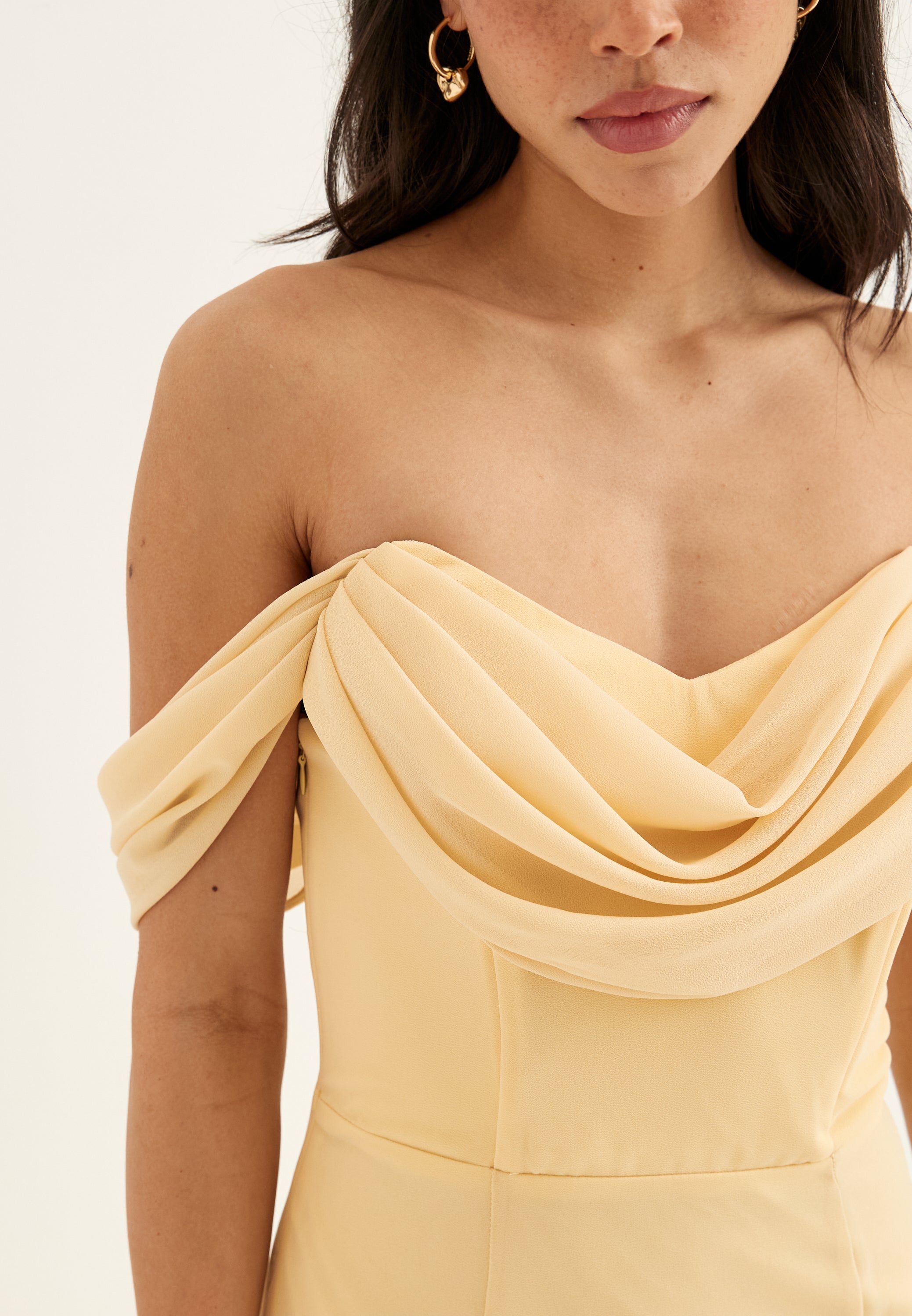 off shoulder maxi dress yellow Goddiva – Chiffon Off Shoulder Maxi Dress – Bridesmaid dresses – Yellow