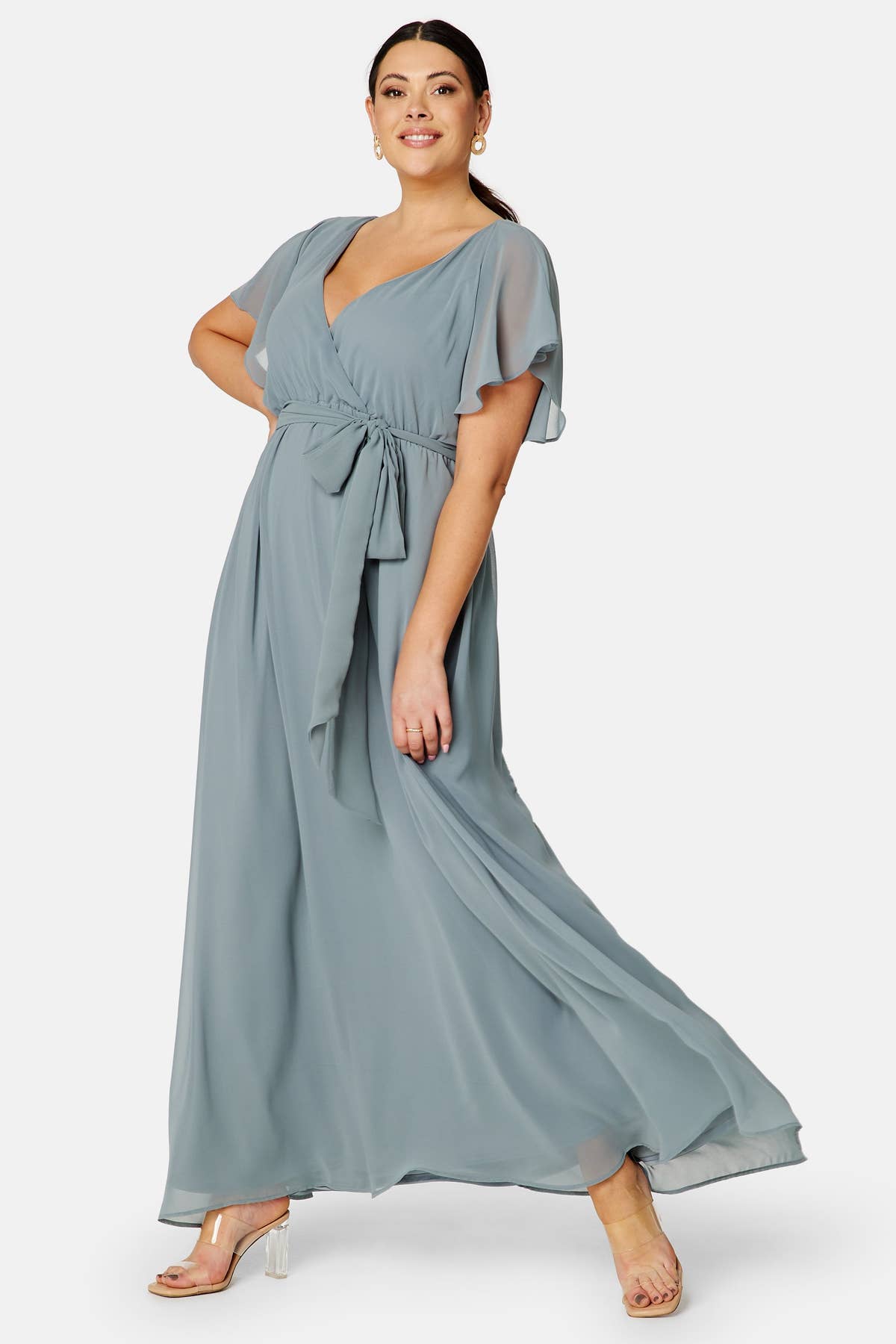 Goddiva curve – Flutter Sleeve Chiffon Maxi Curve Dress – + SIZES – Blue