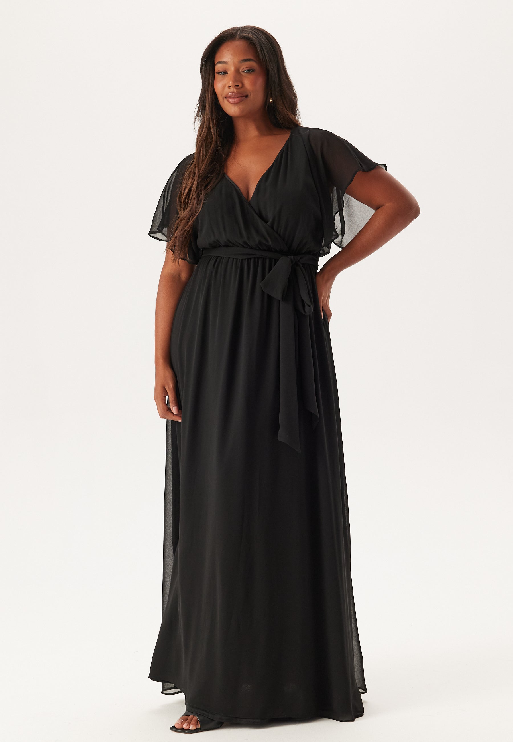 flutter sleeve chiffon maxi dress Pink Plunging Neck Flutter Sleeve Chiffon A-line Slit Bridesmaid Dress