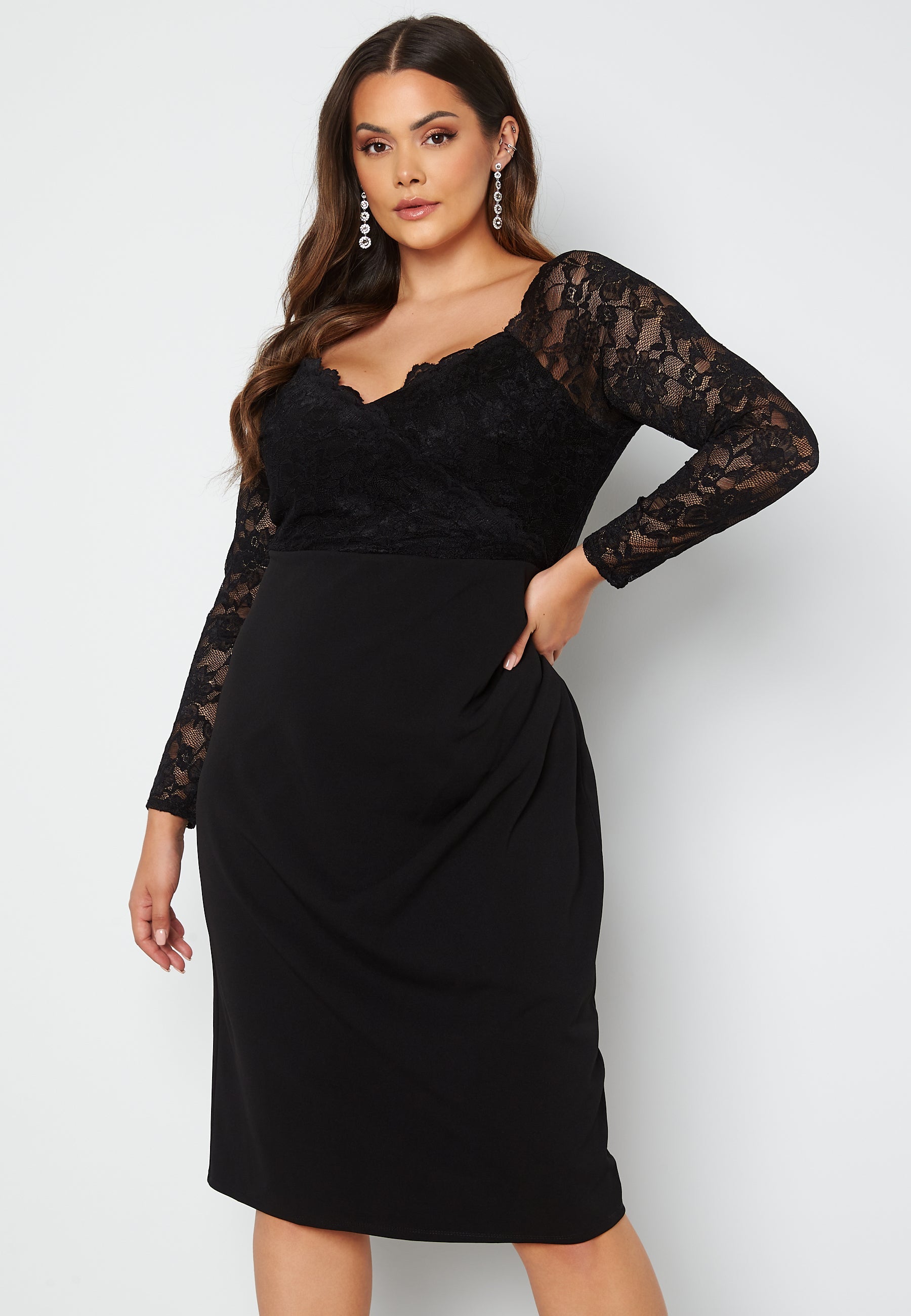 Goddiva curve – Long Sleeve Lace Trim Midi Dress – + SIZES – Black