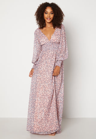 Ditsy Long Sleeve Shirred Maxi Dress