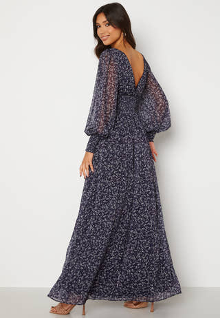 Ditsy Long Sleeve Shirred Maxi Dress