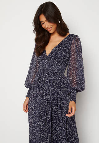 Ditsy Long Sleeve Shirred Maxi Dress