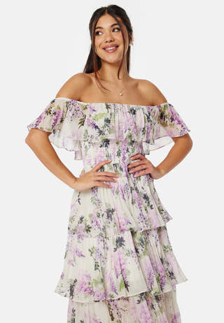 Floral Bardot Pleated Midi Dress
