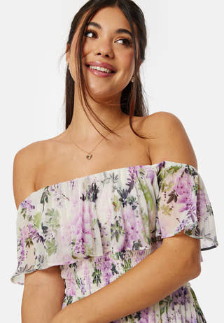 Floral Bardot Pleated Midi Dress