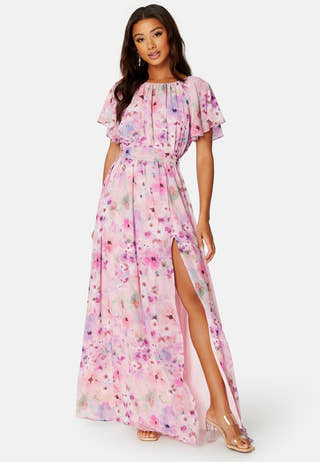 Floral Flutter Chiffon Open Back Maxi Dress
