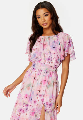 Floral Flutter Chiffon Open Back Maxi Dress